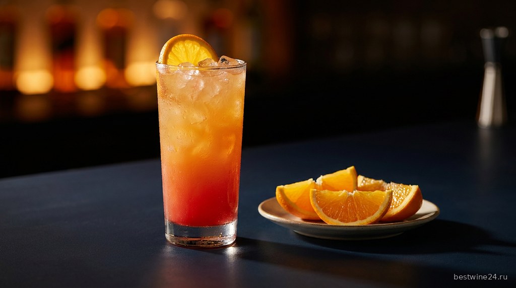 Подача коктейля Tequila Sunrise. Иллюстрация.