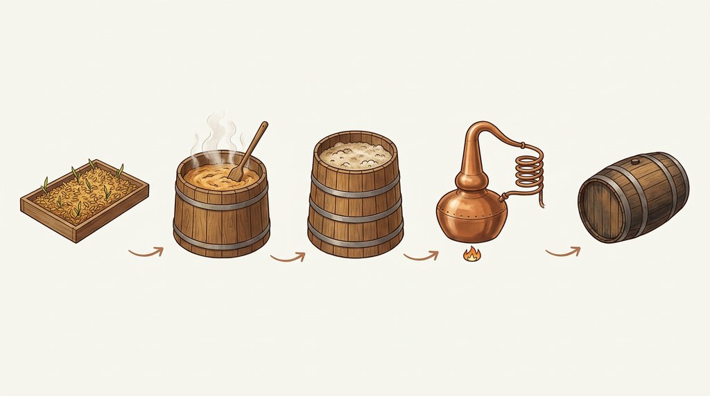 Основные этапы производства виски. Схематическая иллюстрация.