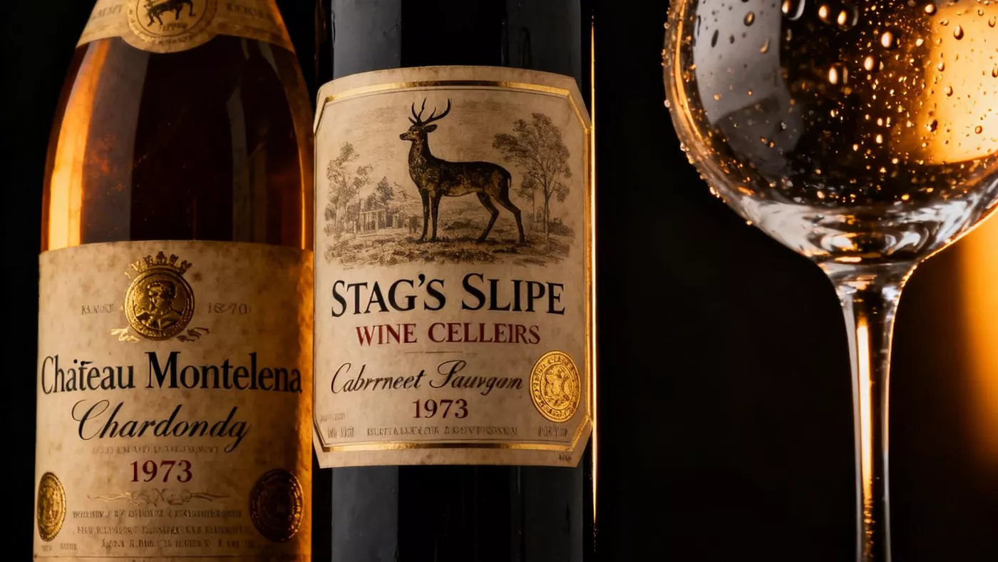 Крупный план винтажных бутылок Chateau Montelena и Stag's Leap 1970-х годов с этикетками, драматичное освещение