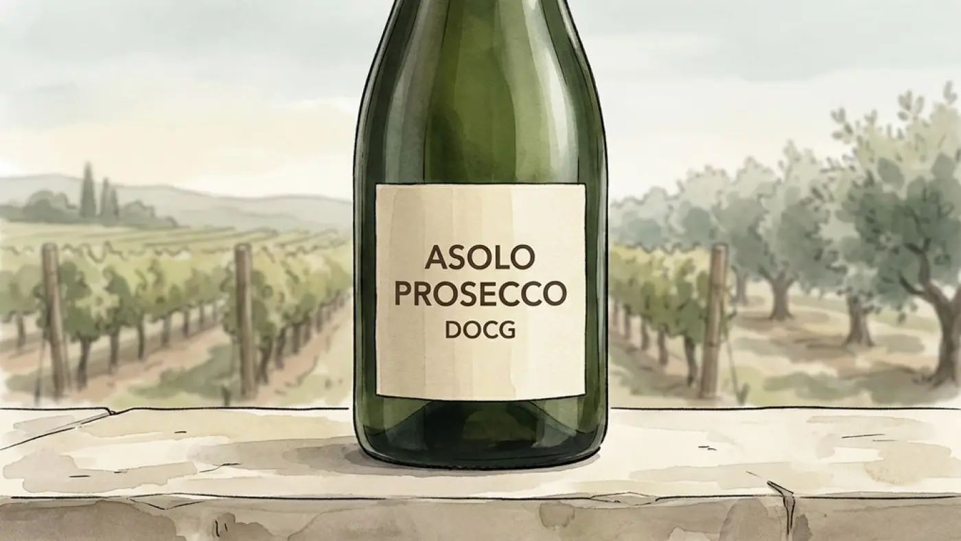 Схематический пример обозначения Asolo Prosecco DOCG на этикетке. Иллюстрация.