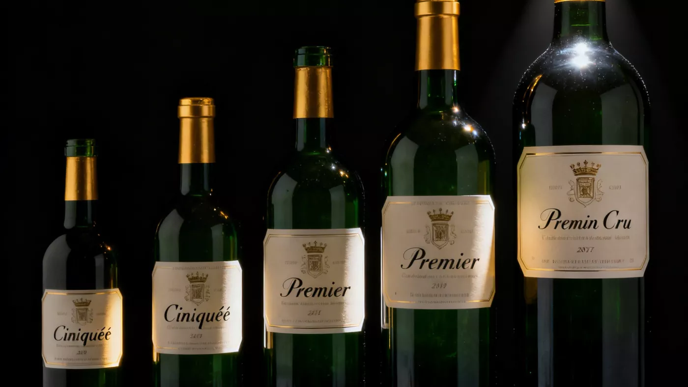 Пять бутылок бордоских вин, представляющих иерархию от Cinquième до Premier Cru