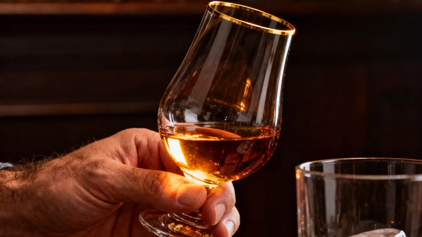Бокал Glencairn с золотистым выдержанным ромом в руке