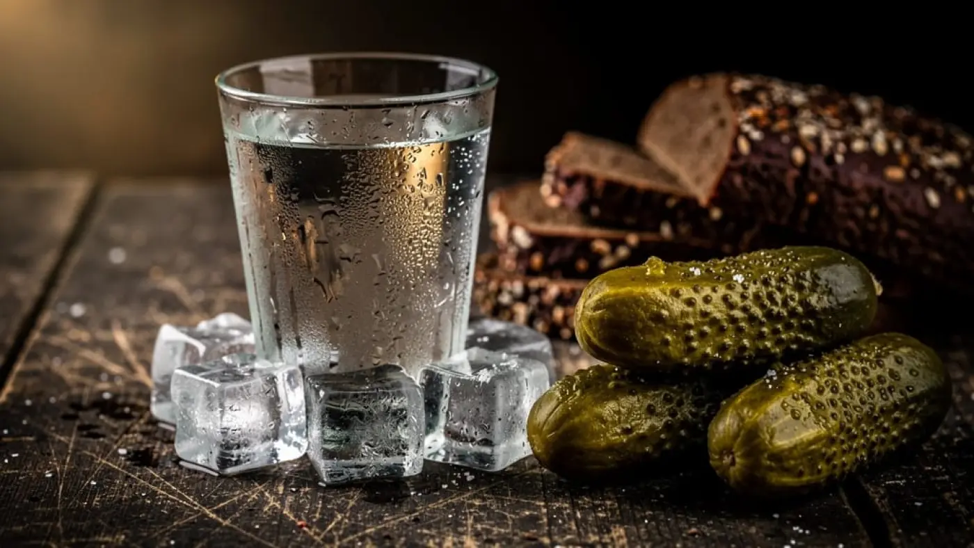 Рюмка водки среди кубиков льда, рядом солёные огурцы и ржаной хлеб