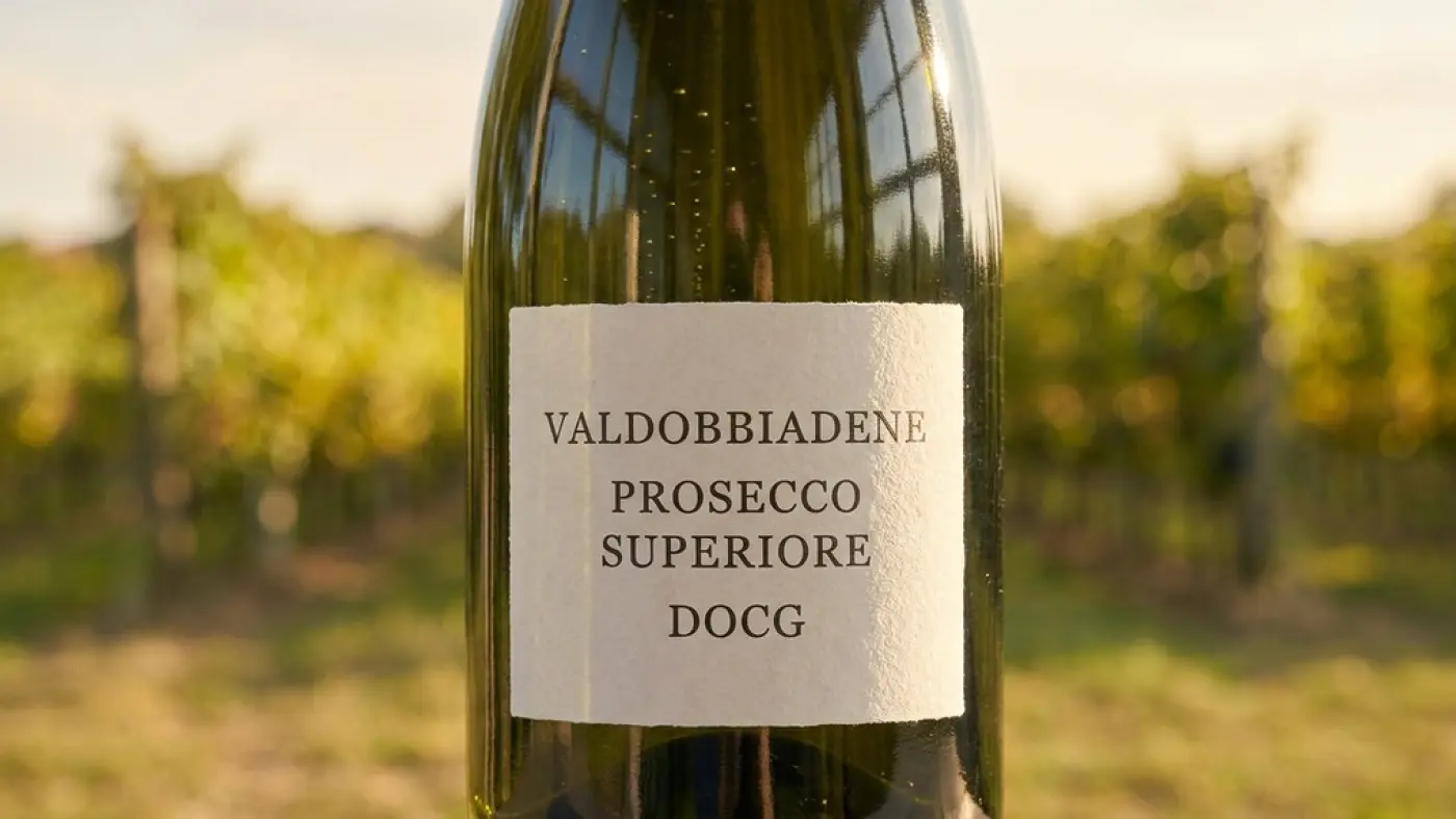 Схематический пример обозначения Valdobbiadene Prosecco Superiore DOCG. Иллюстрация.