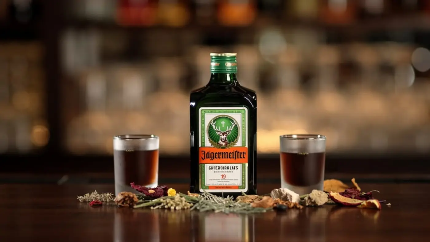 Бутылка Jägermeister, две стопки тёмного ликёра и сушёные травы на барной стойке