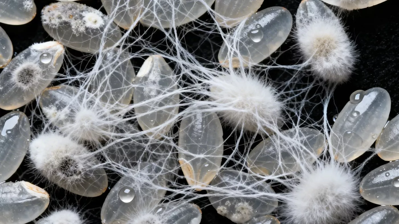 Плесневый грибок кодзи (Aspergillus oryzae) на зёрнах пропаренного риса — крупный план
