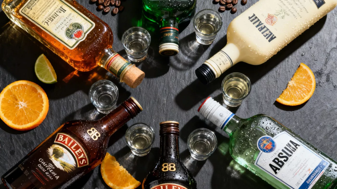 Пять бутылок для шотов — текила, Jägermeister, Baileys, самбука, абсент — с наполненными стопками