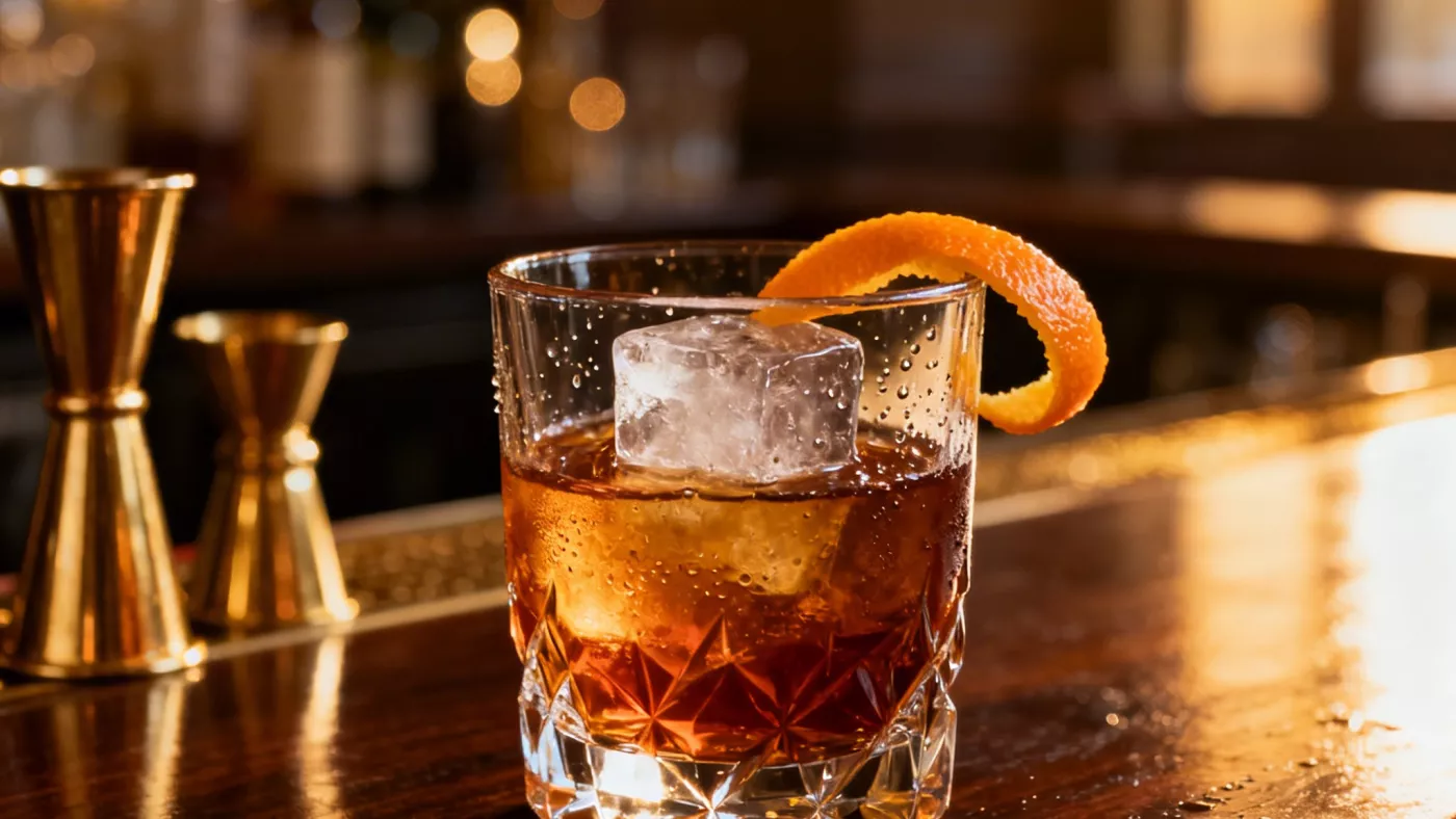 Коктейль Old Fashioned с канадским виски, апельсиновая цедра, большой кубик льда, барная стойка