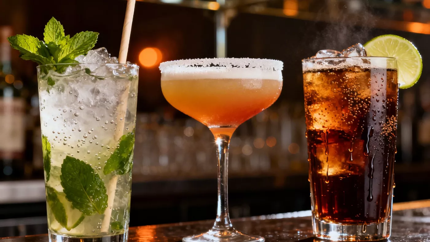 Три классических ромовых коктейля — мохито, дайкири и Cuba Libre — на барной стойке