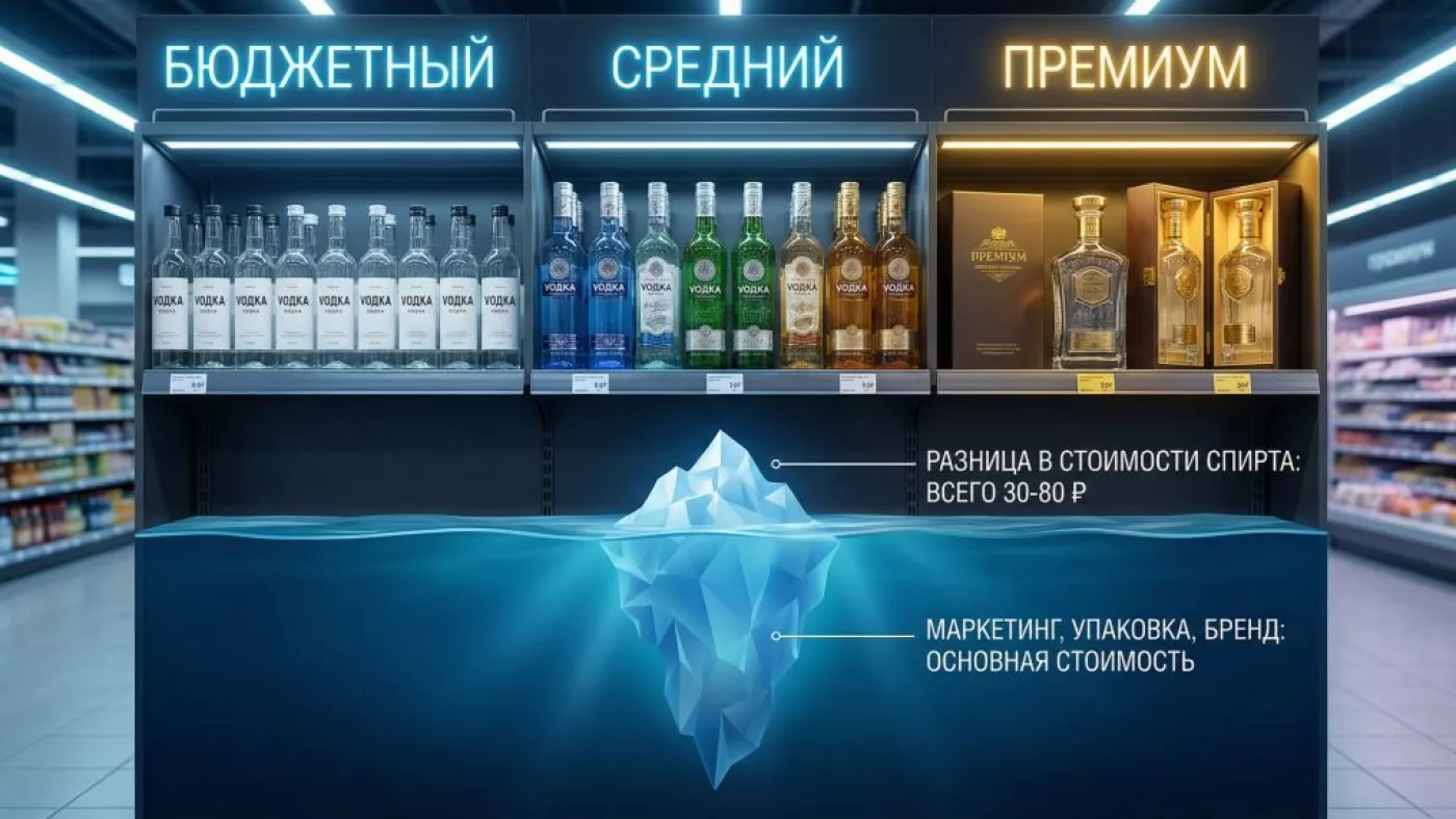 Водки разных ценовых сегментов на полке магазина — от бюджетных до премиальных