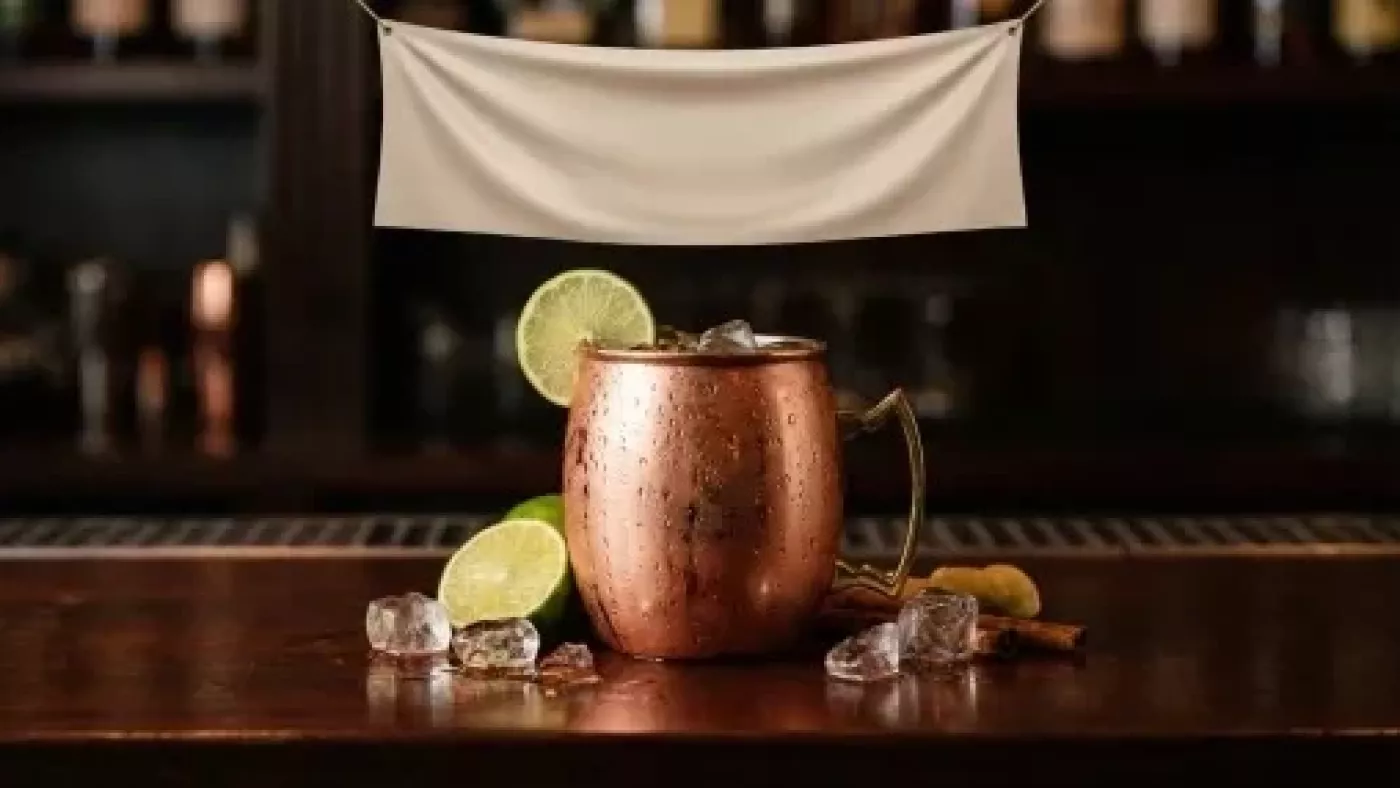 Медная кружка Moscow Mule с каплями конденсата и долькой лайма