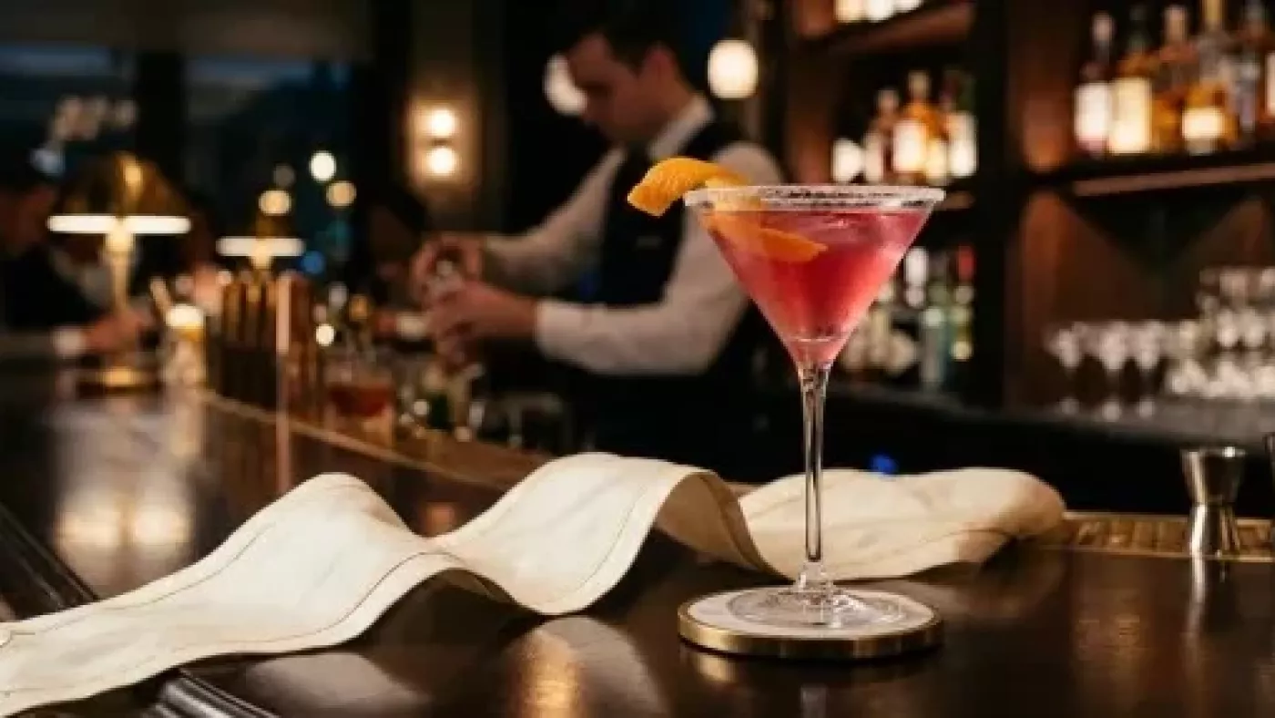 Элегантный коктейль Cosmopolitan в бокале мартини с клюквенно-розовым цветом