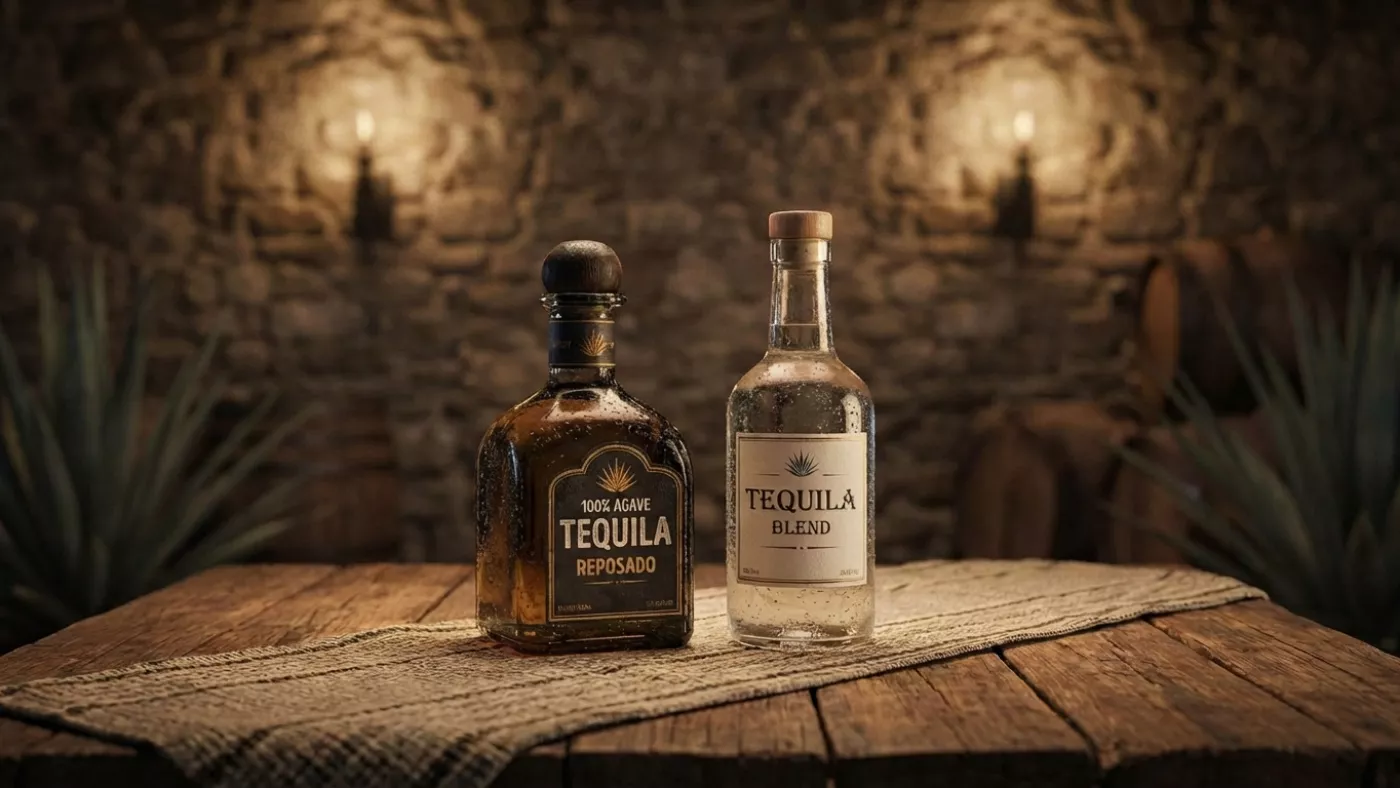 Две бутылки текилы: 100% de Agave и Mixto на барной стойке