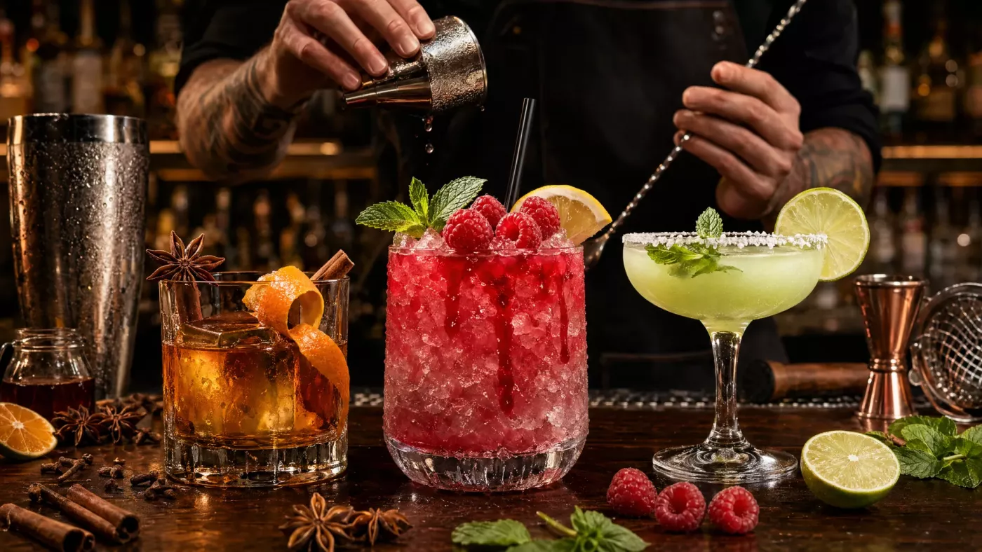 Spiced Old Fashioned (слева) — тёмно-янтарный в rocks glass с апельсиновой цедрой, корицей и бадьяном. Razz Bramble (центр) — ярко-розово-красный градиент со свежей малиной и мятой. Limón Margarita (с