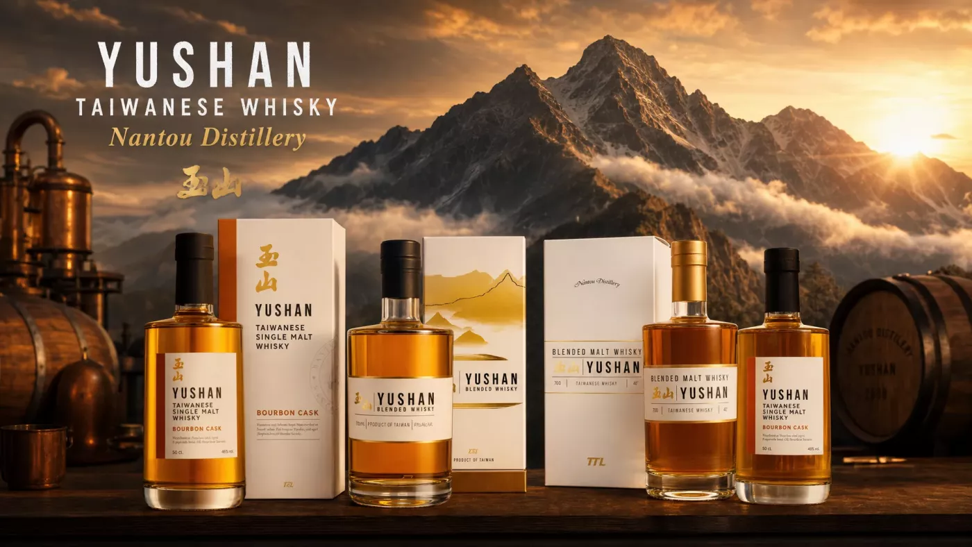 Четыре образца виски от производителя TTL (Taiwan Tobacco & Liquor). Yushan Blended Malt Whisky (центр); Yushan Single Malt Bourbon Cask (слева); Yushan Blended Malt (справа); Yushan Single Malt Bourbon Cask (правый край)