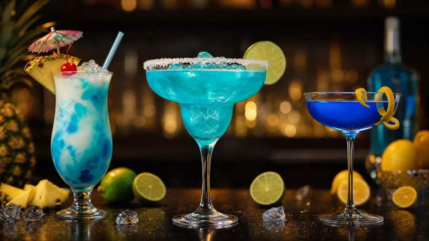 Три коктейля с Блю Кюрасао разных стилей: слоистый Swimming Pool, классическая Blue Margarita и элегантный Corpse Reviver No. Blue