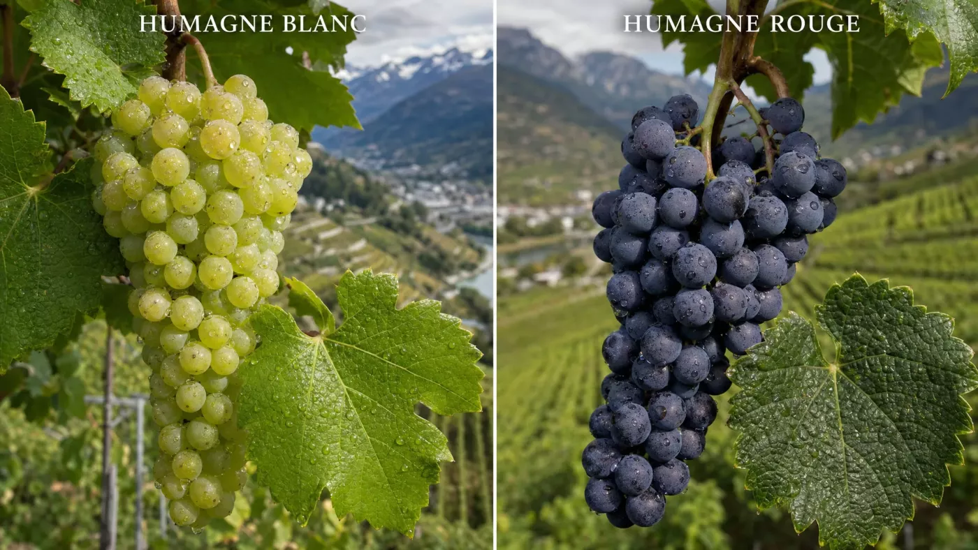 Сравнение гроздей Humagne Blanc и Humagne Rouge — два генетически различных сорта, веками считавшихся одним виноградом