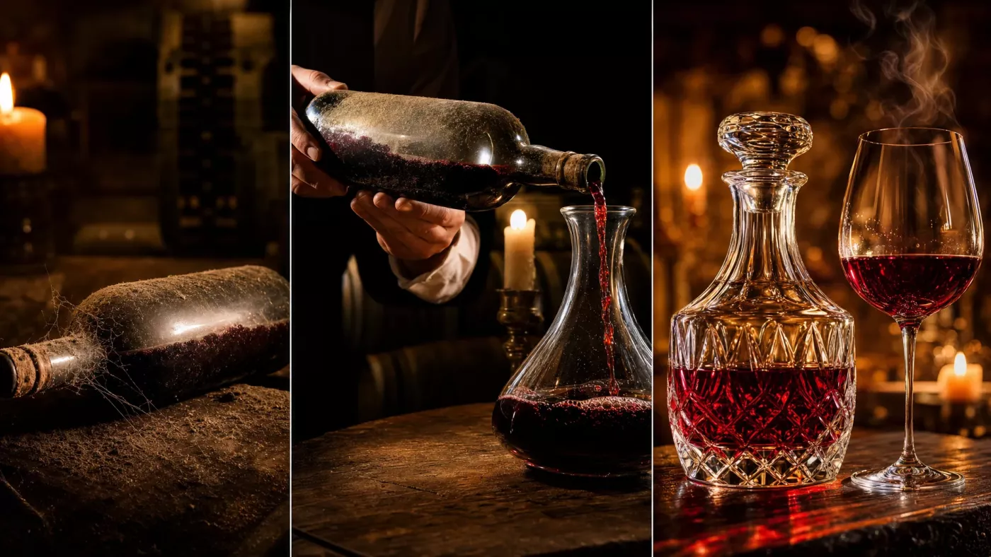 Vintage Port с осадком-«коркой» требует декантирования: 1–2 часа в декантере раскрывают то, что бутылка собирала десятилетиями.