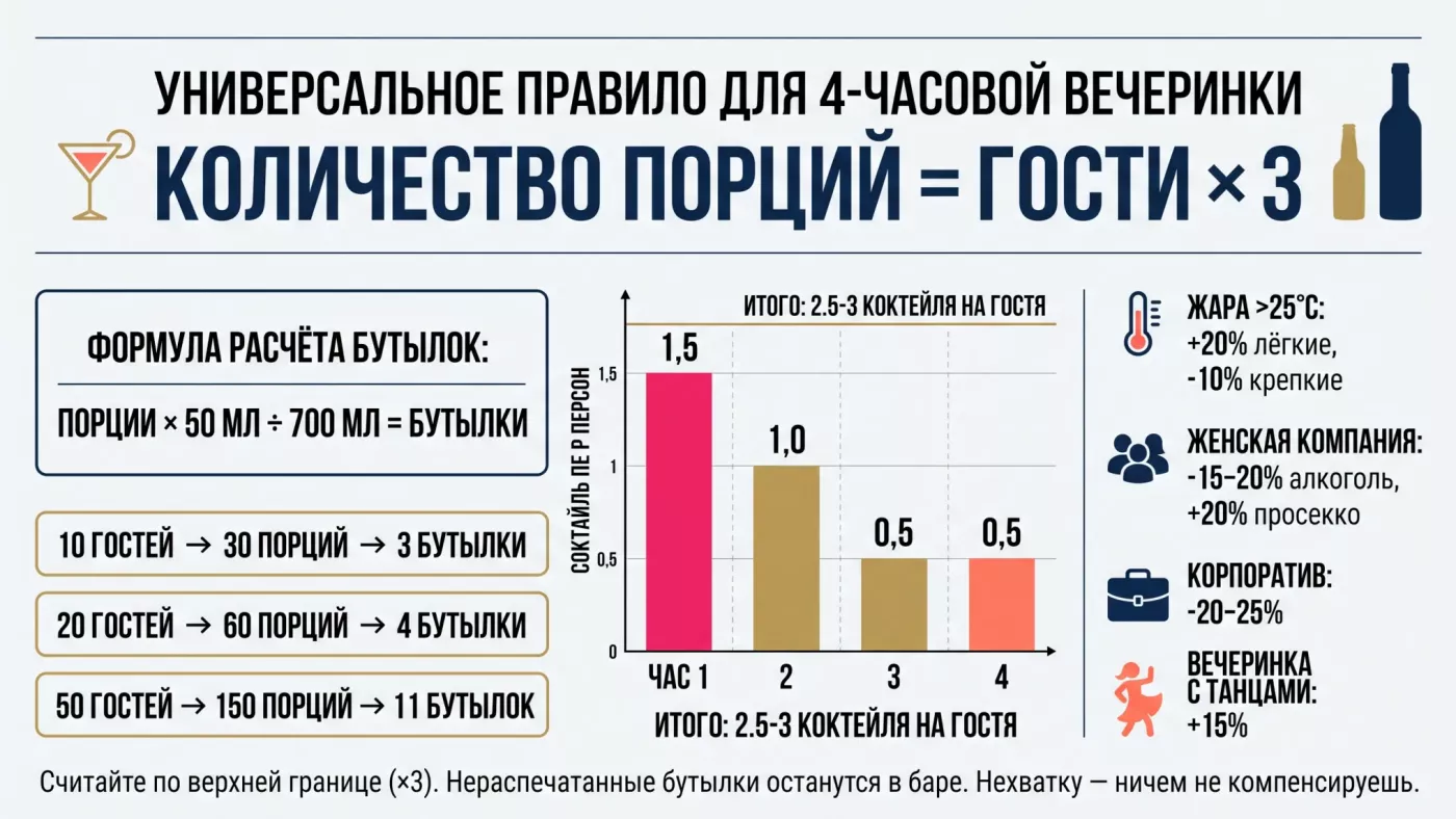 Типичная кривая потребления коктейлей за вечер: пик приходится на первый час, когда гости только собрались и разогреваются.