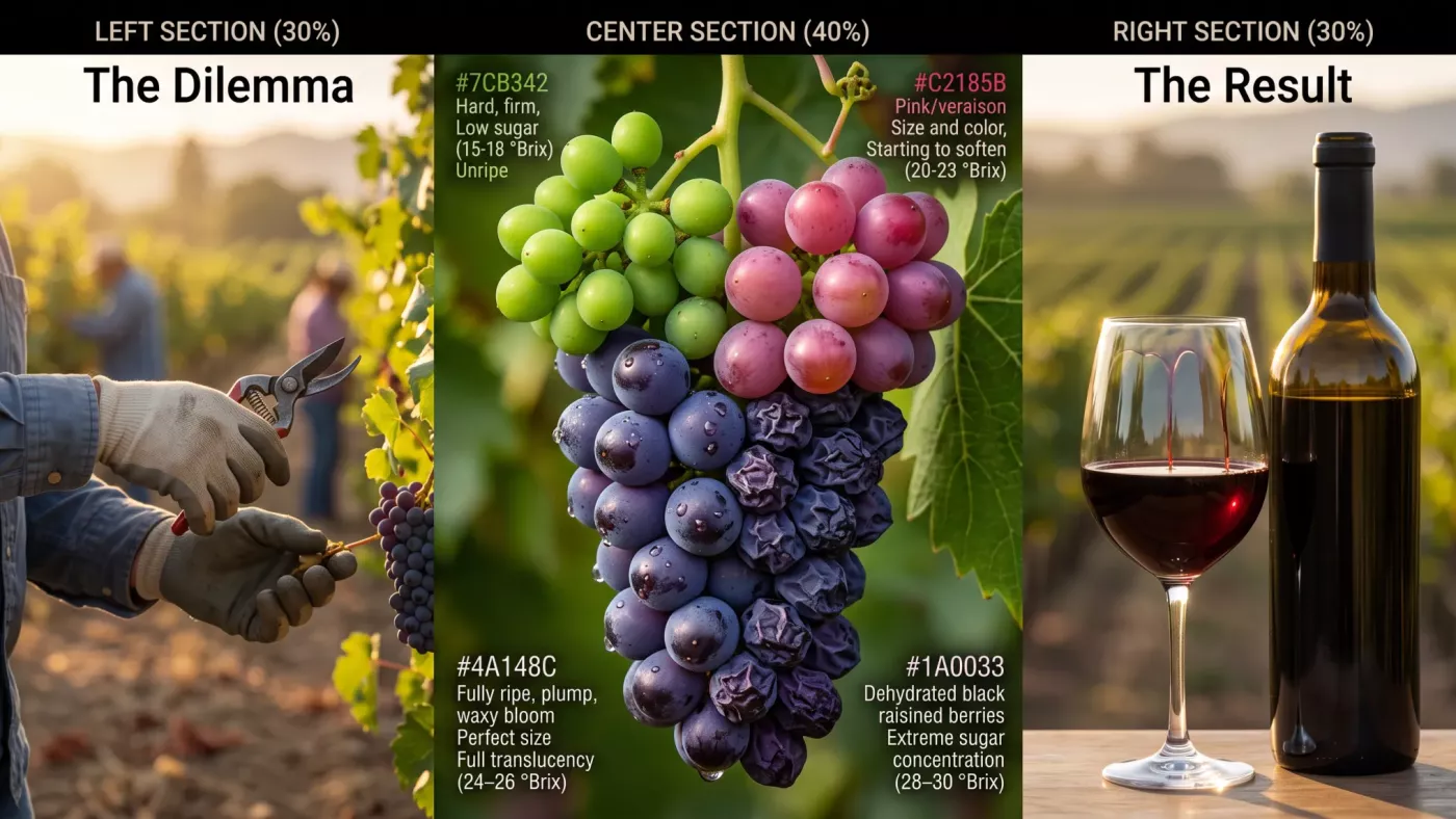 ягодная лестница Зинфанделя (staggered ripening): в одной грозди одновременно висят зелёные, розовые, полностью спелые и уже подвяленные, почти изюмные ягоды. 