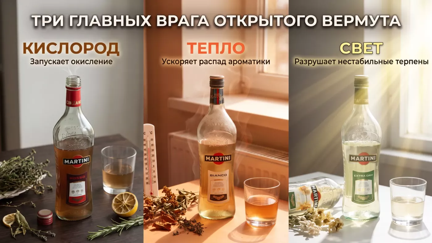 Три главных врага открытого вермута: кислород запускает окисление, тепло ускоряет распад ароматики, свет разрушает нестабильные терпены