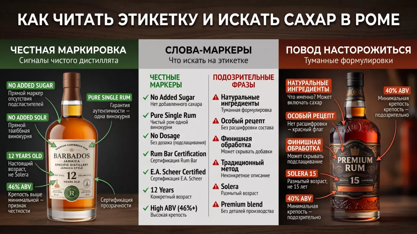 Этикетка рома: на что смотреть при выборе — возраст, страна производства, наличие маркировки «No Added Sugar» и состав