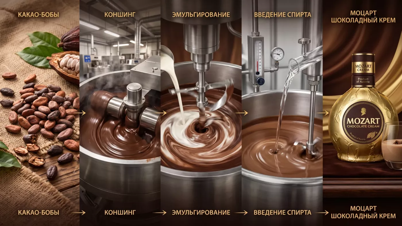 От какао-боба до бутылки: производственный цикл Mozart Distillerie включает полноценную шоколадную технологию — коншинг, эмульгирование и только затем введение спирта
