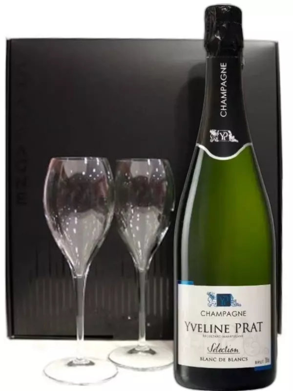 Yveline Prat, Selection Blanc de Blancs, Champagne AOC, gift box with 2 flutes