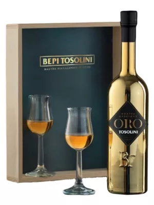 Граппа Bepi Tosolini, Vite d'Oro Barrique, wooden box with 2 glasses 0.7 л