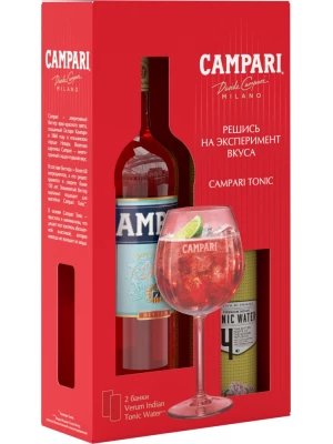 Аперитив Campari, with 2 cans of Verum Indian Tonic Water, gift set 0.75 л