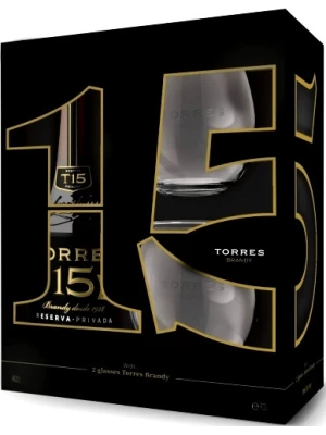 Бренди Torres 15 Reserva Privada, gift box with 2 glasses 0.7 л