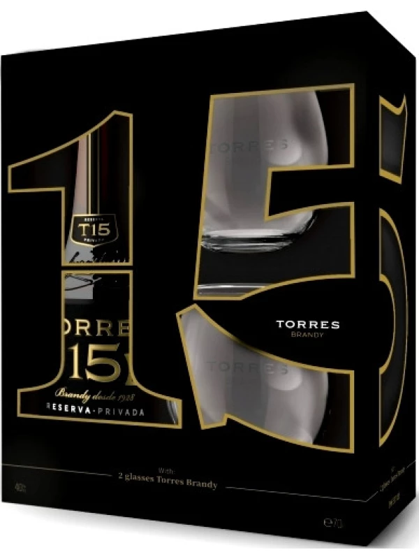 Torres 15 Reserva Privada, gift box with 2 glasses