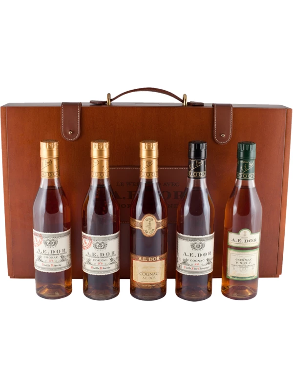 A.E. Dor Coffret Week End Set Cognac of 5 bottles with 4 glasses, in wooden case