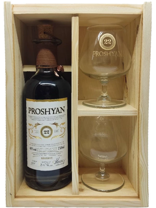 Proshyan Reserve 22 Years Old, wooden box with 2 glasses