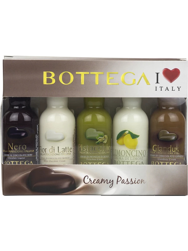 Bottega, Pistacchio, Nero, Fior Di Latte, Limoncino Cream, Gianduia Fondente Cream, gift set of 5 bottles
