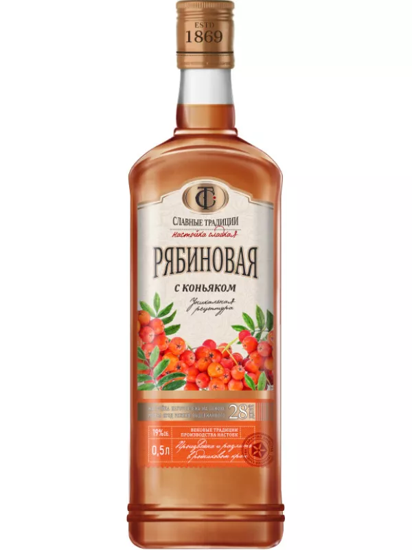 Славные Традиции Рябиновая c коньяком, настойка сладкая