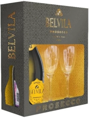 Просекко Villa degli Olmi, Belvila Prosecco DOC Spumante Extra Dry, gift box with 2 glasses 0.75 л