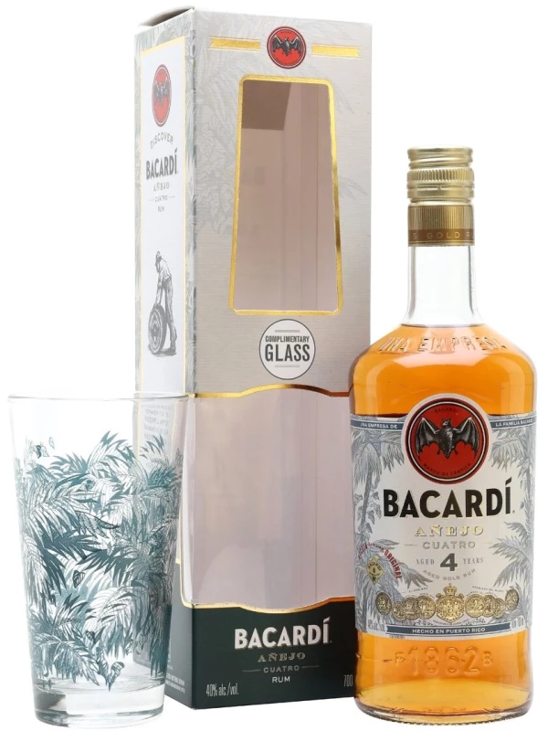 Bacardi Anejo Cuatro, gift box with glass