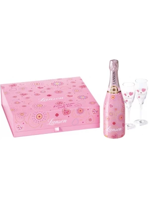 Lanson, Rose Label Brut Rose, pink coated & 2 transparent glasses gift box