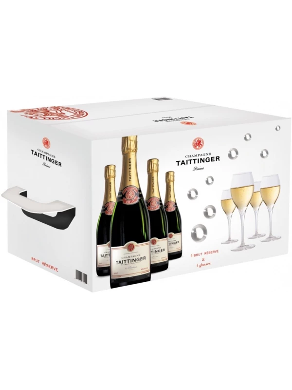 Taittinger, Brut Reserve, gift set of 4 bottles & 4 glasses
