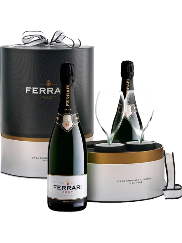 Ferrari, Brut, Trento DOC, gift set of 2 bottles & 2 glasses