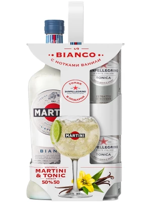Вермут Martini Bianco, gift set with 2 cans of tonic San Pellegrino 1 л