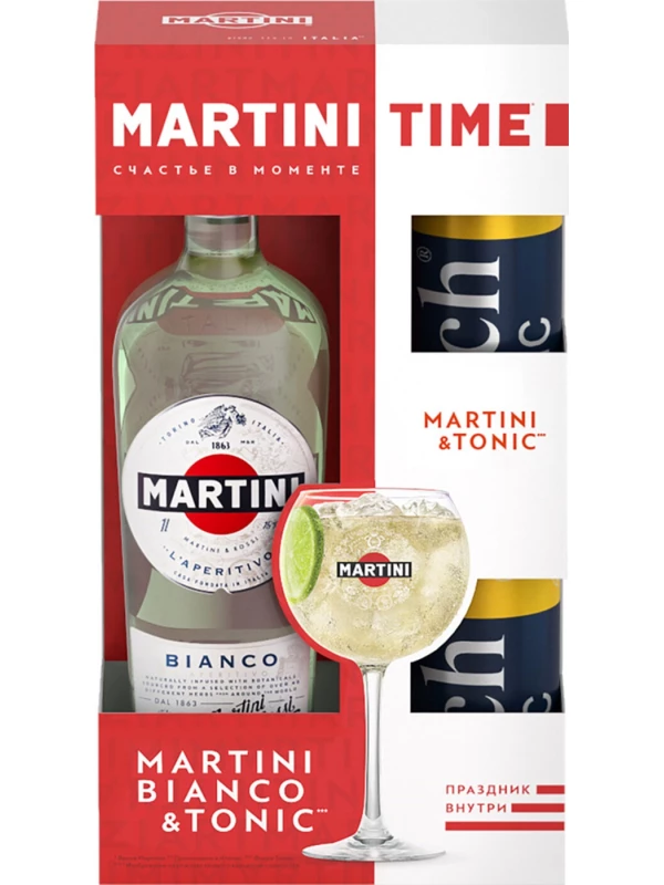Martini Bianco, gift set with 2 cans Rich Indian Tonic