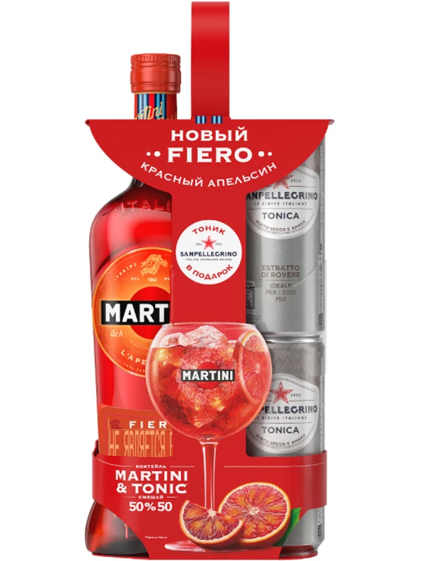 Martini Fiero, gift set with 2 cans of tonic San Pellegrino