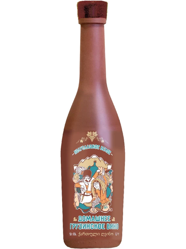 GRW, Homemade Georgian Wine White Semi-Sweet, Clay Bottle