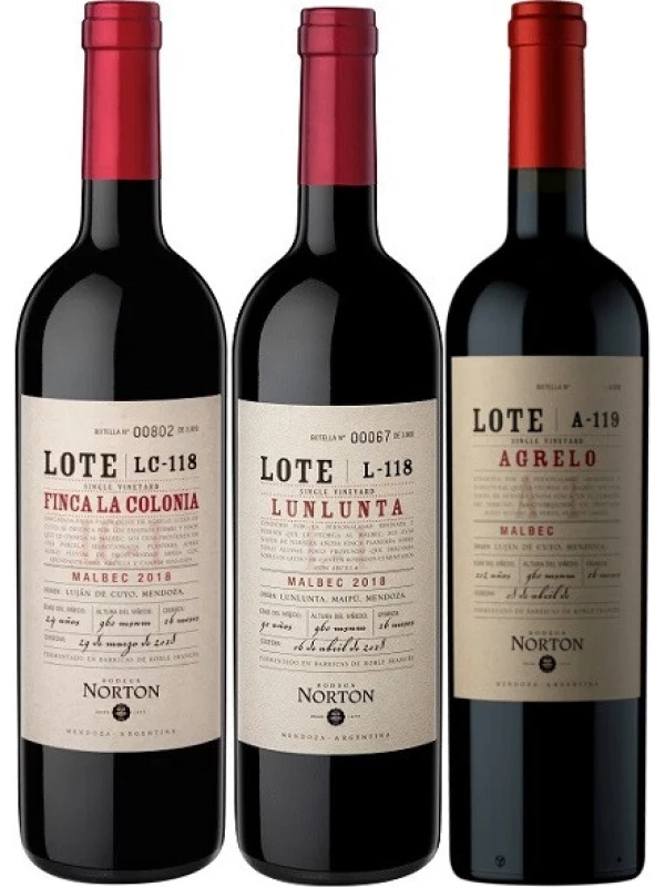Norton, Lote Agrelo A-119 & Lunlunta L-118 & Finca La Colonia LC-118, gift set of 3 bottles in box
