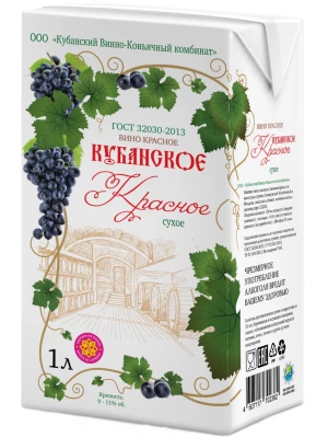 Вино КВКК, Кубанское Красное Сухое, Тетра Пак 1 л