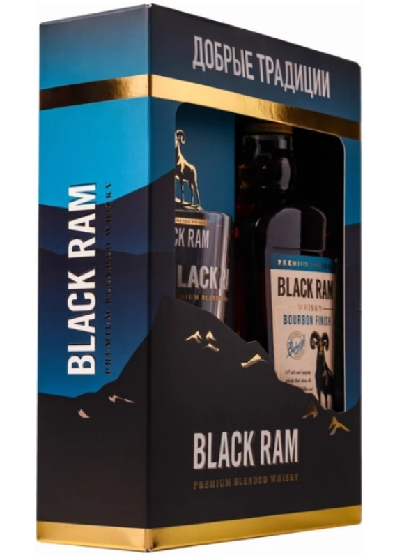 Black Ram Bourbon Finish 3 Years Old, gift box with glass