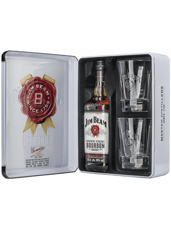 Jim Beam, metal box with 2 glasses