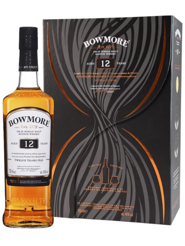 Bowmore 12 Years Old, gift box with 2 glasses